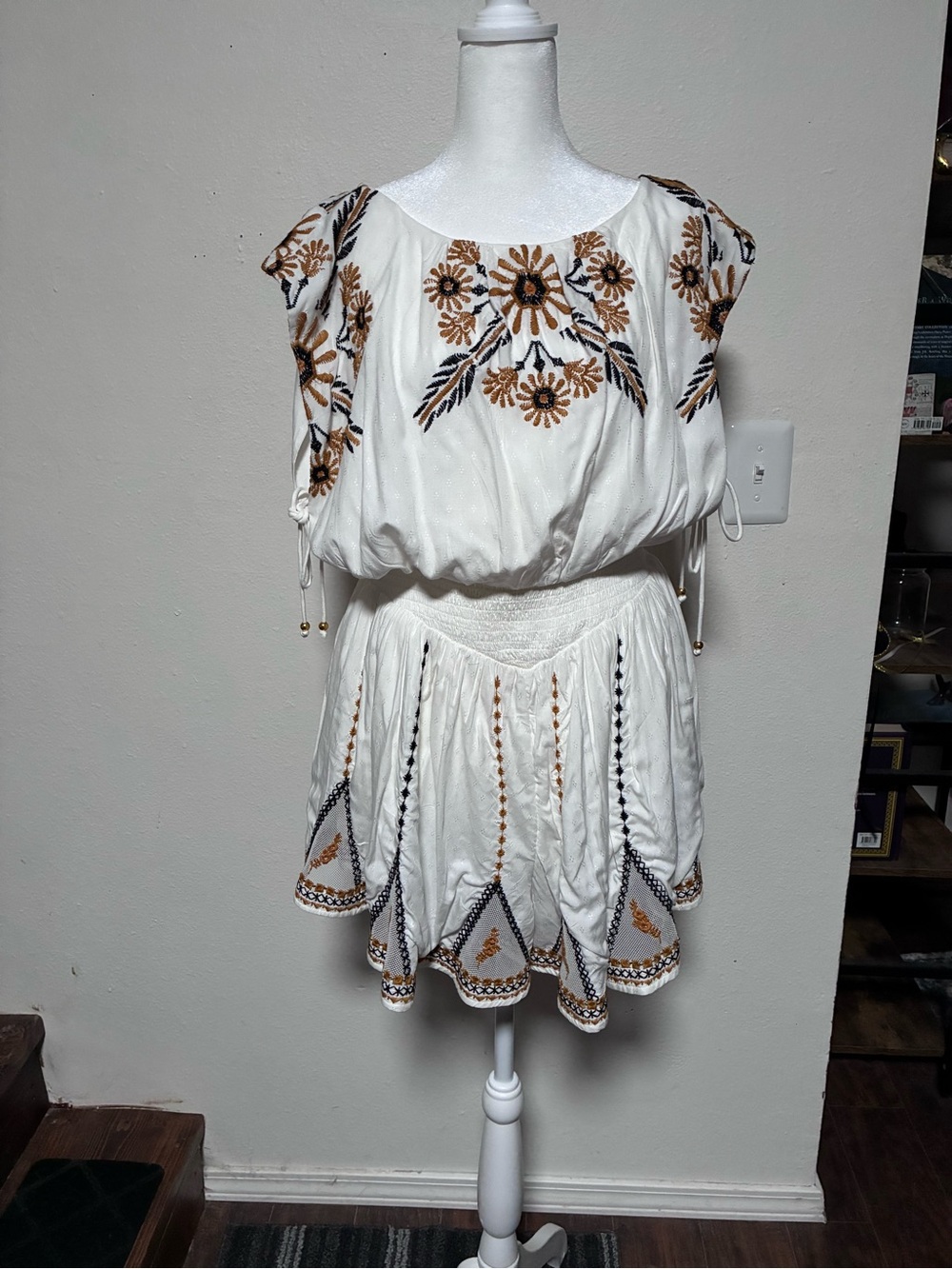 Free People White Dress with Gold and Black Floral Embroidery